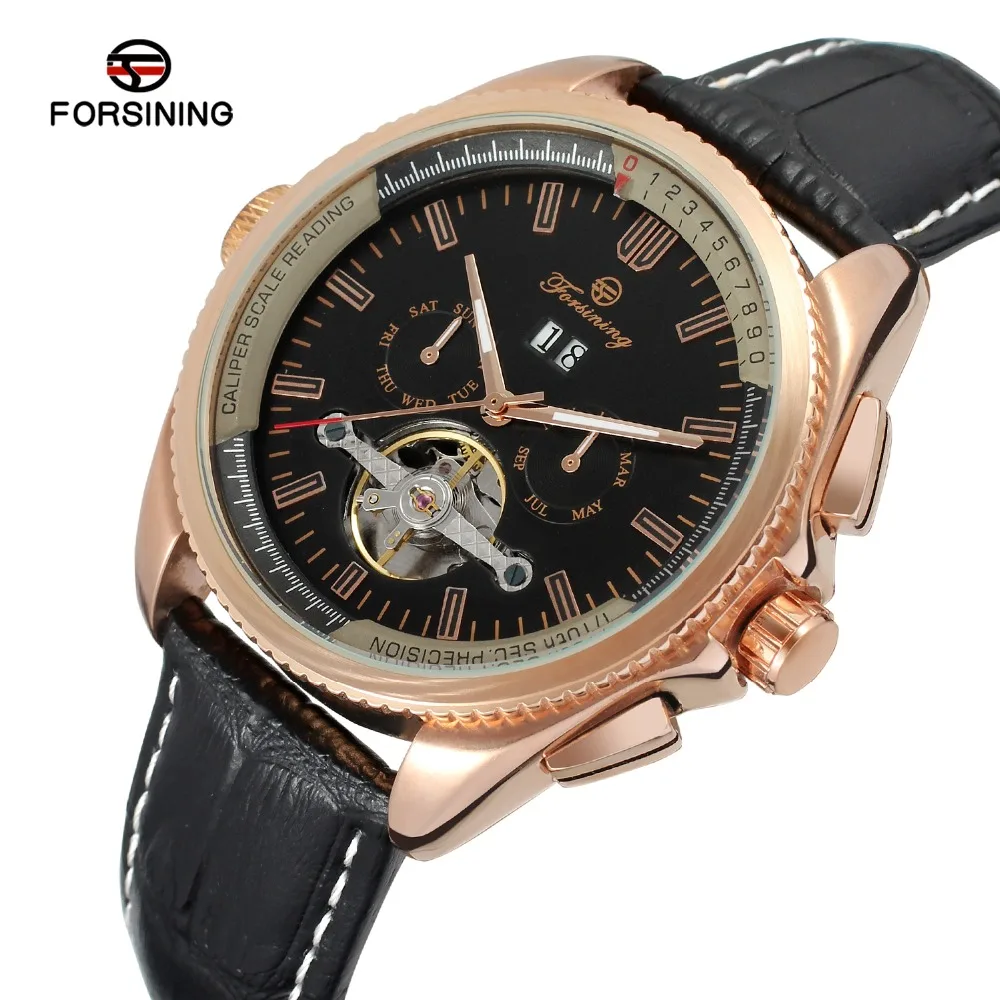 

Forsining Men's Watch High End Trendy Automatic Calendar Leather Strap New Design Tourbillion Wristwatch Color Black FSG9411M3