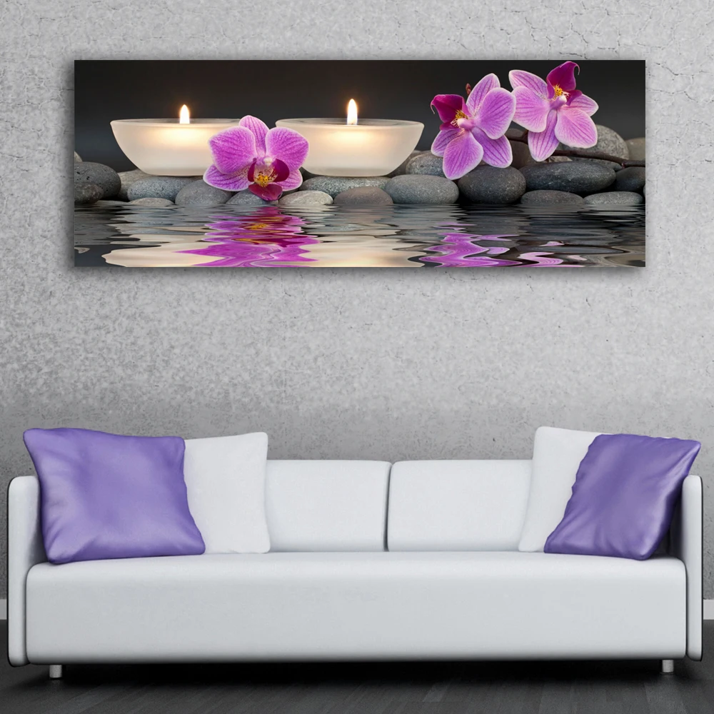 Светодиодные настенные картины орхидеи с tealights дзен с подсветкой Холст Искусство свет вверх Декор Рисунок высокой четкости работа Отпечатано в рамке 16x40 дюймов