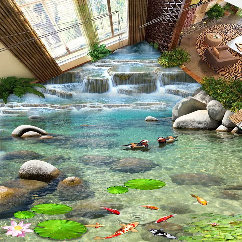 На заказ любой размер 3D настил ПВХ настенной бумаги водопад пейзаж 3D пол стикер водонепроницаемый самоклеющиеся фото обои