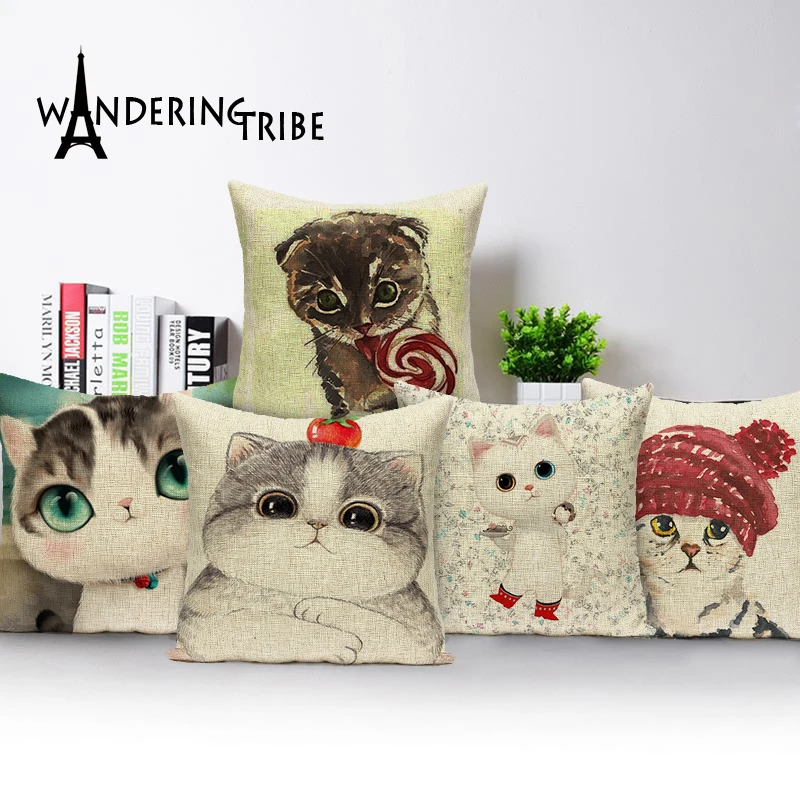 

Cartoon cute cat Decorative Pillows Covers Linen white black cat Cushion Cover Forsiamese cat Car Sofa Home Chair Covers