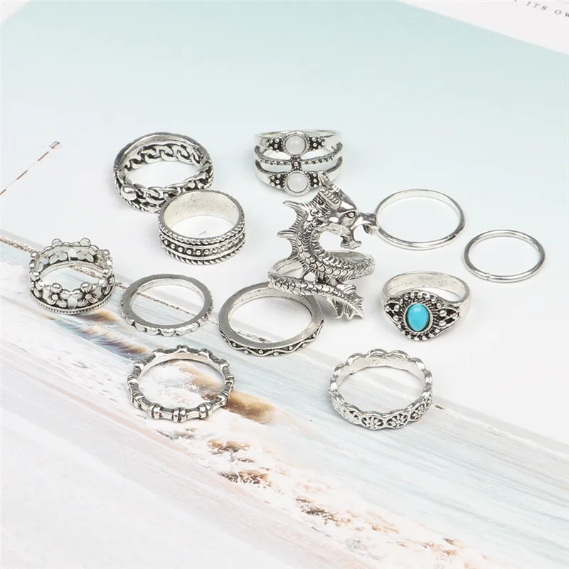 Фирменные Boho 12 шт женское стимпанк ожерелье дракон набор колец античное серебро