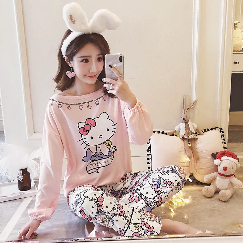 Hello kitty Пижамный комплект для женщин милая Домашняя одежда костюм пуловер с