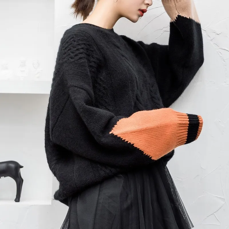 TWOTWINSTYLE Patchwork Knitting Sweater For Women Long Sleeve Hollow Out Hit Colors Pullover Female 2019 Autumn Casual Fashion | Женская