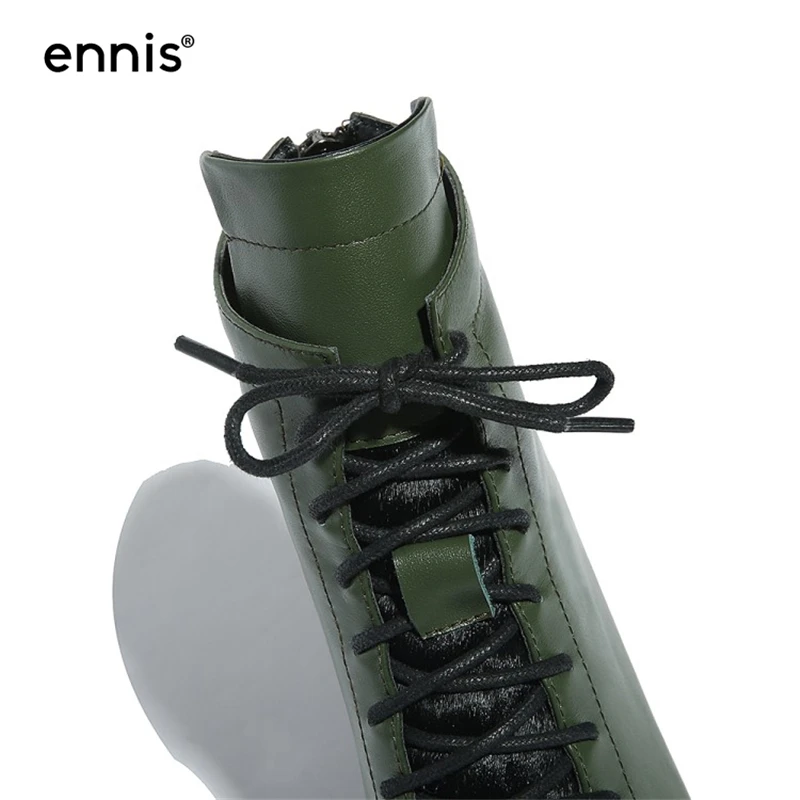 ENNIS/Брендовые женские зимние ботинки из натуральной кожи; обувь «Челси» на шнуровке с квадратным носком; ботильоны зеленого цвета на толстом высоком каблуке; A7240