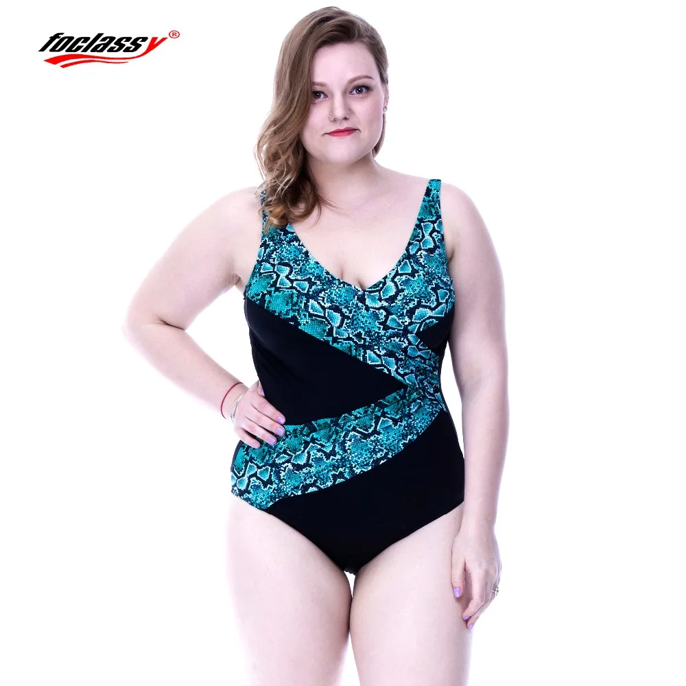 Купальник большого размера Женский цельный костюм полосатый принт черный