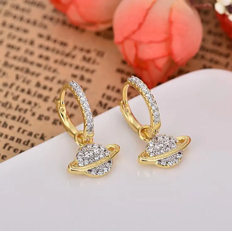 yellow gold color cute Saturn dangle long earring for girl women 2018 new round circle elegant charming fashion jewelry design | Украшения