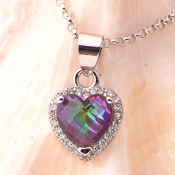 Серебряное Сердце Ожерелье с Цветными Камнями Vintage Длинные Ожерелья Ювелирные