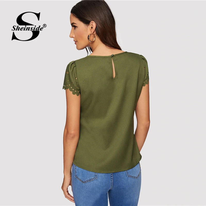 Sheinside, армейский зеленый, выдолбленный, деталь, короткий рукав, блузка для женщин,, летняя, повседневная, волнистая отделка, блузки для девушек, минималистичный Топ