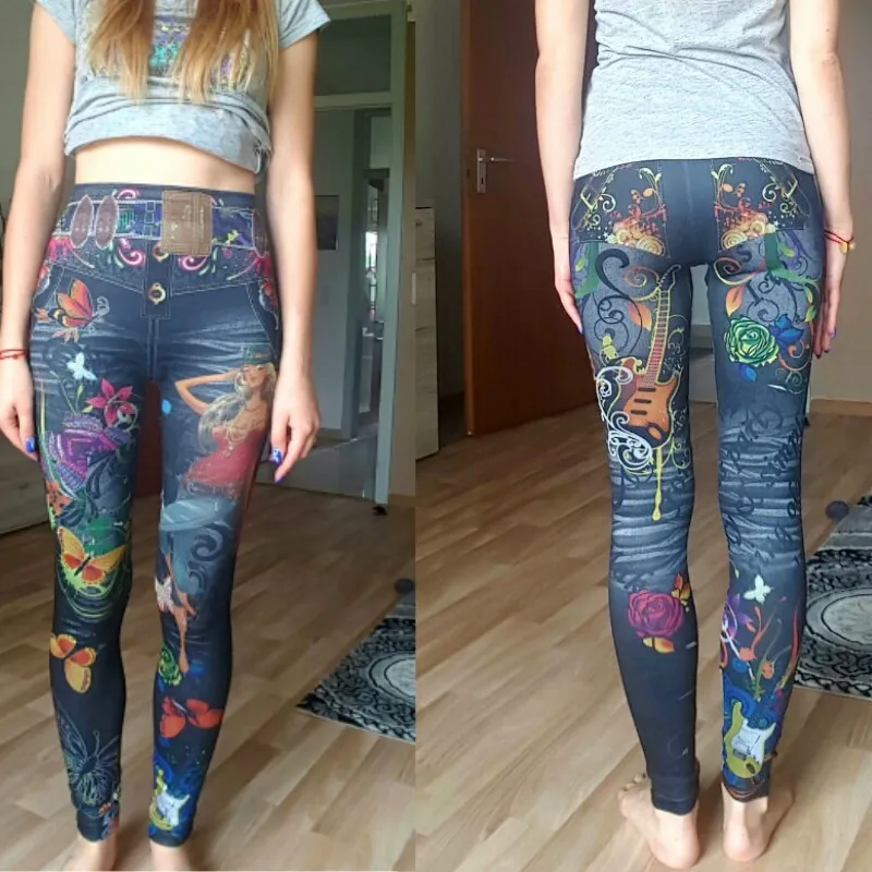 

Fashion Sexy Women Leggings Buttlefly Flower Printed Imitation Jeans Elastic Slim Punk Style Faux Denim Pencil Pants
