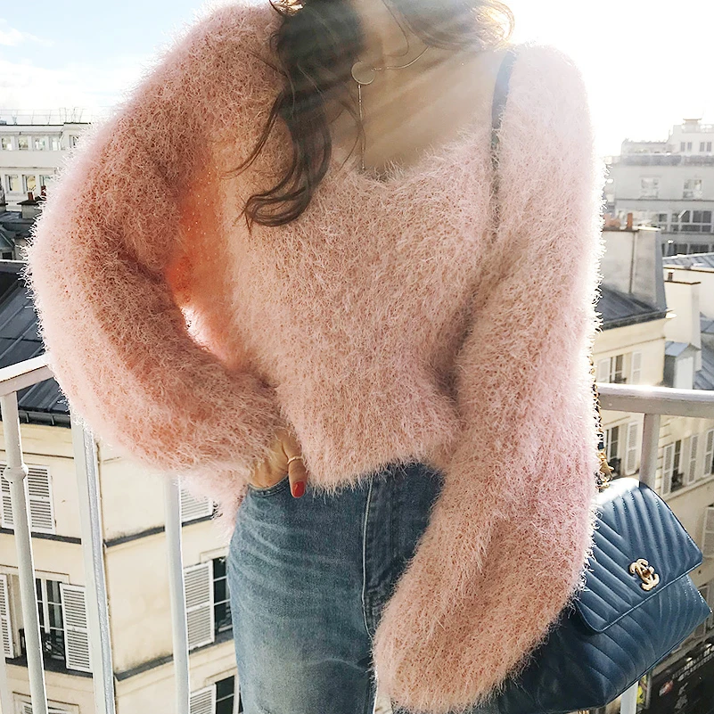 Women Sweaters and Pullovers 2019 Winter Mohair Warm Oversized Sweater V Neck Knitted Pull Femme Jumper | Женская одежда