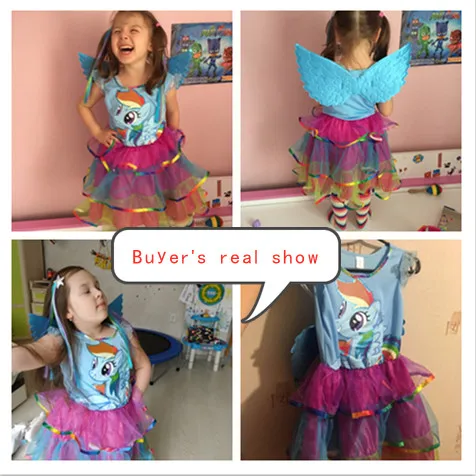 Girl Rainbow Princess Dress My Little Pony Party Cosplay Costume + Pony's Wig +Wing Clothes Set | Детская одежда и обувь