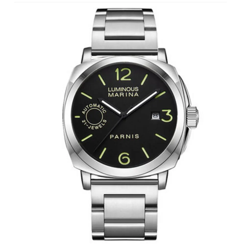 Silver Strap Роскошные PARNIS Commander Seriers светящиеся мужские кожаные часы для часов 21 Jewels Miyota автоматические механические наручные часы - Цвет: Silver Strap