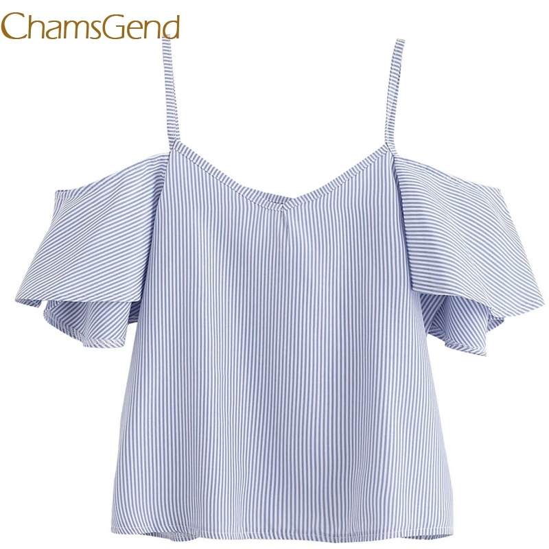Женский топ в синюю полоску облегающий с коротким рукавом и оборками #0612|Топы| |