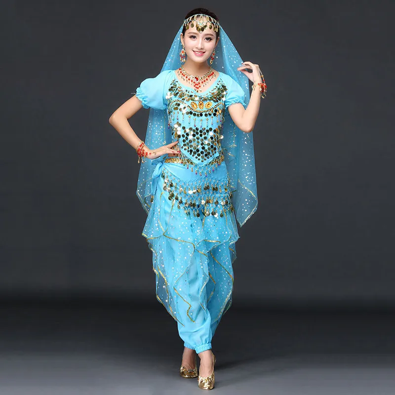 turquoise short slee Женская Одежда для танцев сари танец живота костюм Болливуд индийские брюки костюм(включая Топ, пояс, брюки и вуаль - Цвет: turquoise short slee