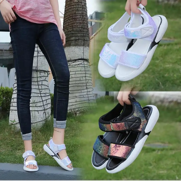 Модные женские летние сандалии Винтажная обувь на платформе с блестками