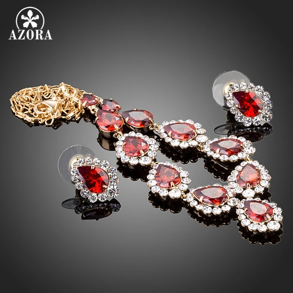 Подвеска и серьги гвоздики TG0149 с красным фианитом в форме капли воды|jewelry sets|set