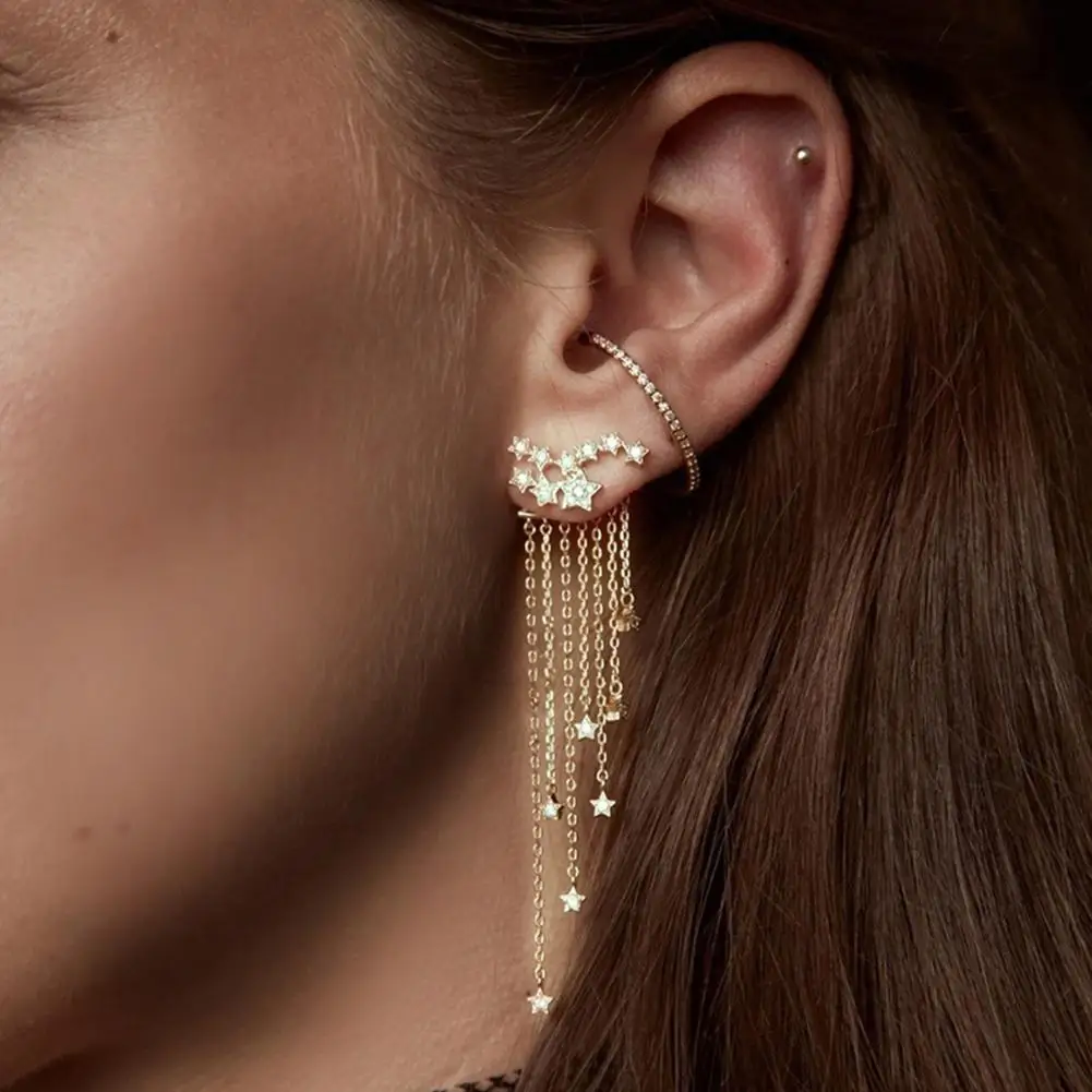 

New Earings Fashion Jewelry Boho Long Fringed Stars Dangle Hanging Earrings Glitter Star Rhinestone Women Jewelry