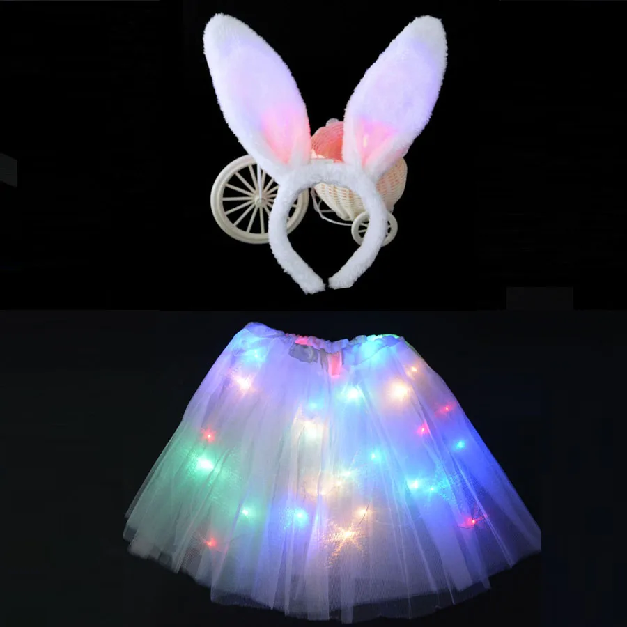 Plush white Детский светодиодный светильник принцессы для девочек; платье-пачка; одежда для детей; повязка на голову; Корона; Кролик; костюм для костюмированной вечеринки; День рождения - Цвет: Plush white