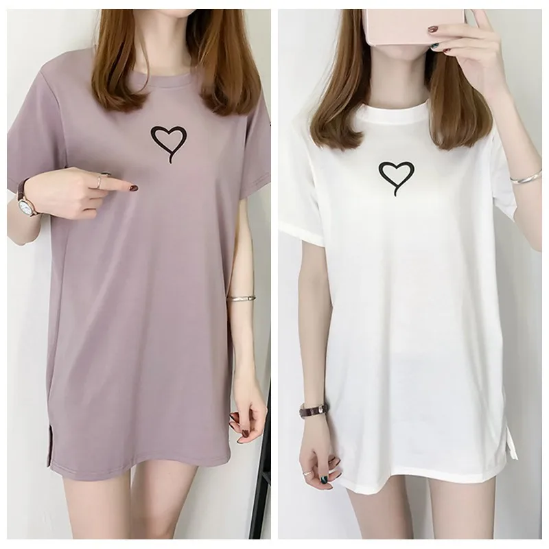 Loose Love Heart Printted Short Sleeve O-neck Long Tops Female White/Purple/Orange Color Ladies T-shirts Summer Women Clothing | Женская
