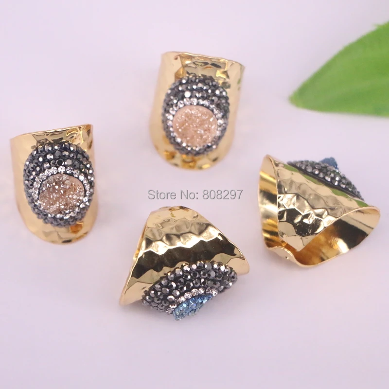 5 шт Pave Rhinestone Друза титана натуральный кристалл золото цвет кольца для женщин