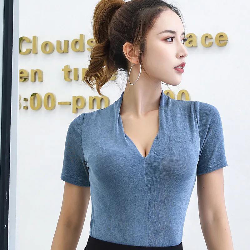 Blue Top Одежда для латинских танцев 2 шт для женщин/взрослых V тип черная рубашка Удобная Одежда для танцев Танго танцевальный костюм юбка BL1722 - Цвет: Blue Top