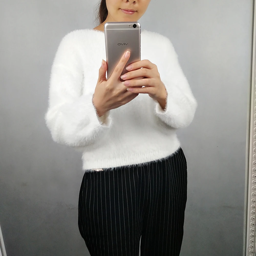 2019 Autumn and Winter Imitation Mink Cashmere Sweater Women Korean Drop-shoulder Loose Knitted Pullover Pink White Crop Tops | Женская