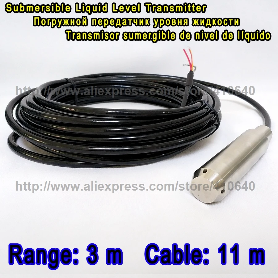 

Submersible Water Level Transducer Liquid Level Transducer Sensor 3 Meter Range 4 to 20 mA Output 9 to 36VDC Power 11M Cable