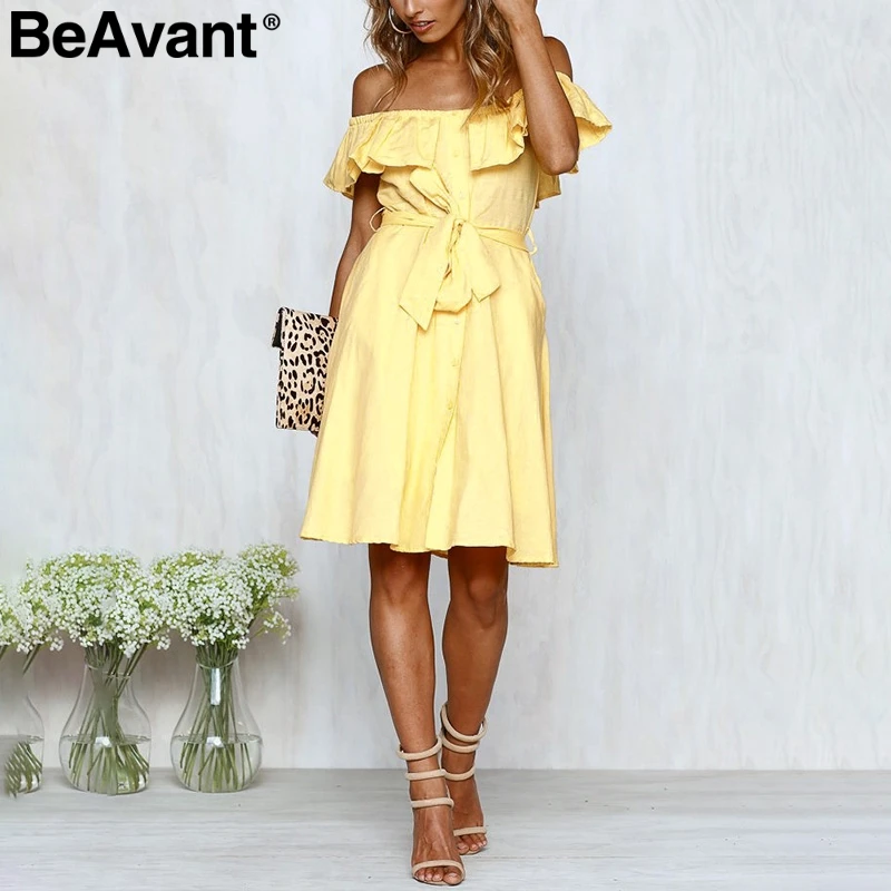 Женское Короткое платье BeAvant желтое повседневное пляжное с открытыми плечами