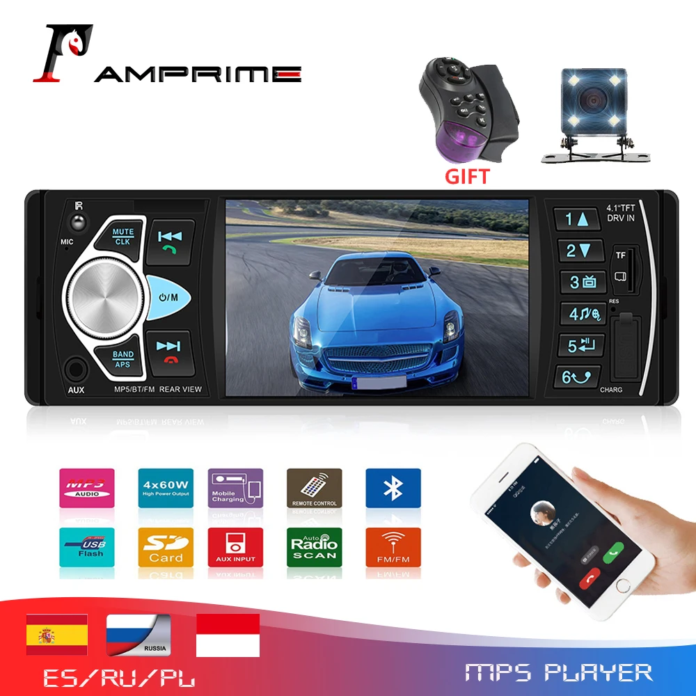 AMPrime 4022D 4,1 ''цифровой экран 1Din Автомагнитола Поддержка USB AUX FM BT Руль дистанционного управления с камерой заднего вида