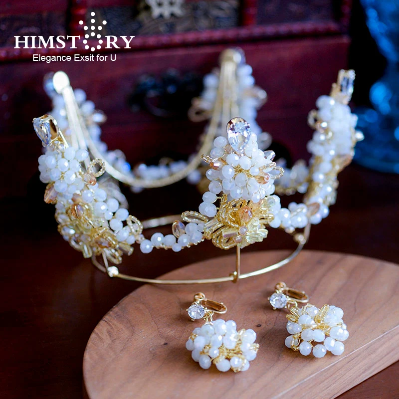 

HIMSTORY Handmade Beaded Crown Tiaras Baroque Gold Pearl Round Wedding Hair Accessories Vintage Wedding Party Hair Jeweslry