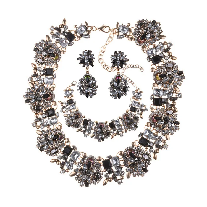 Роскошные Стразы Bijoux камни свободные модные серьги вечерние Ювелирные наборы ожерелье Браслеты Комплект сережек для женщин - Окраска металла: black