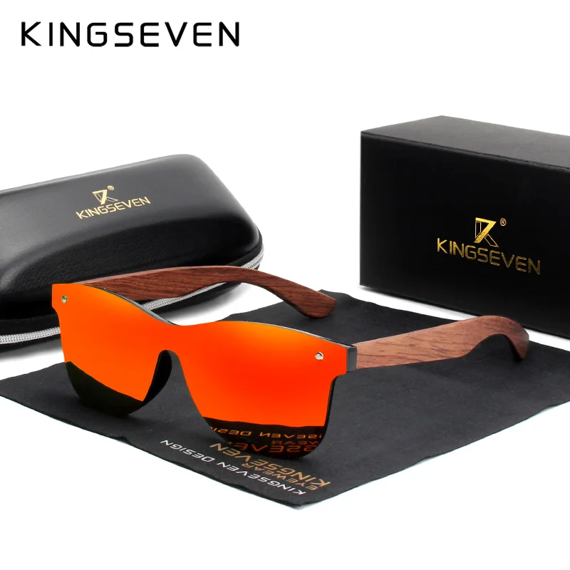 KINGSEVEN натуральные деревянные солнечные очки Мужские поляризационные Модные солнцезащитные очки оригинальные деревянные очки Oculos de sol masculino - Цвет линз: red bubinga wood
