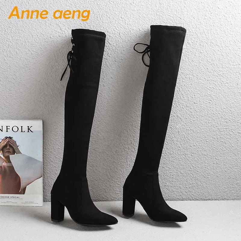 2018 новые зимние женские ботфорты на высоком каблуке с острым носком шнуровке