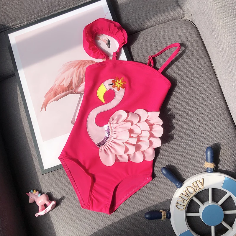 2019 Цельный купальник для маленьких девочек милый розовый красный с фламинго