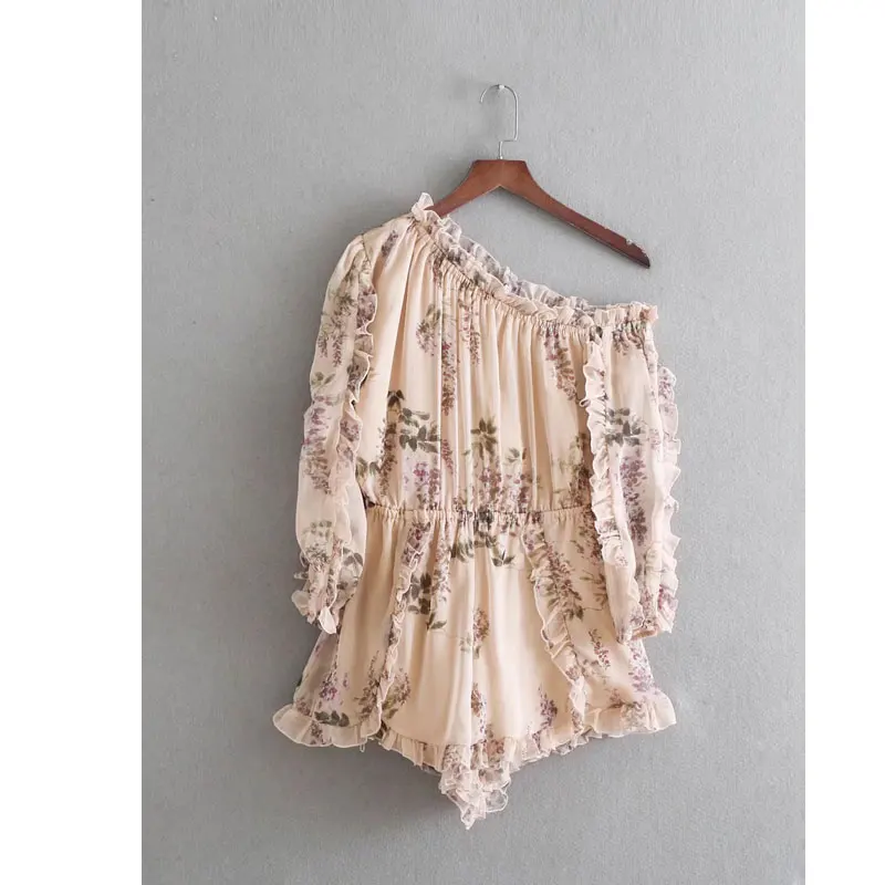 

Off Shoulder Playsuits Ruffles Neck Elastic Waist Sashes Lined Beach Floral Print Chic Summer Rompers Holiday Boho Jumpsuit 2019