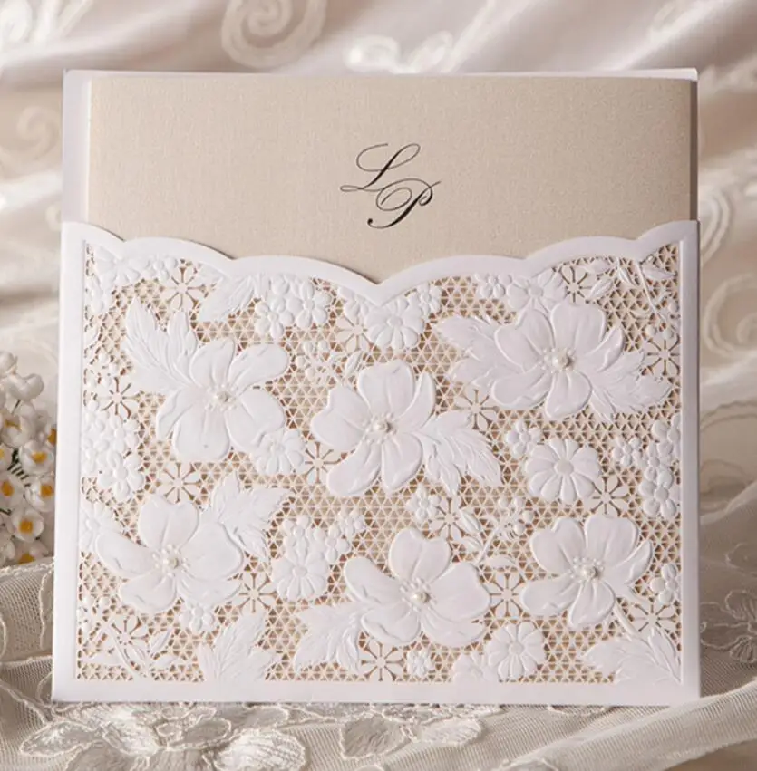 Карманные свадебные пригласительные открытки с кружевными цветами лазерная