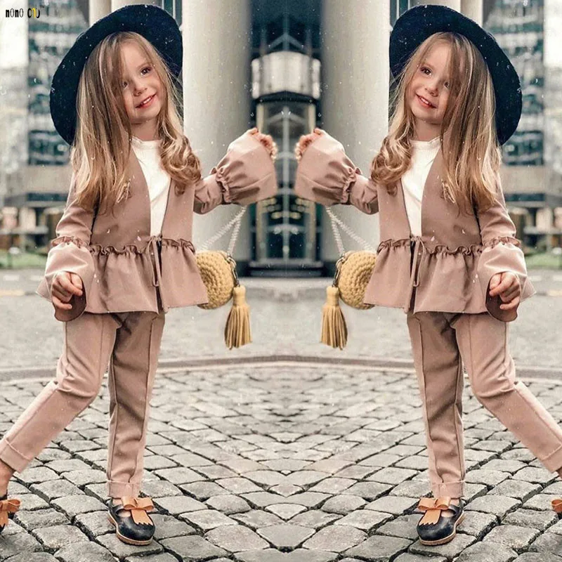 Осень 2018 комплект одежды для девочек пальто и брюки из двух предметов однотонная