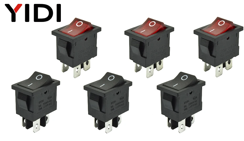 6A 250VAC KCD1-104 кулисный переключатель 4pin вкл. Выкл дпст 12 В 220 В красная лампа черный защелкивающий 15x21 двухпозиционный переключатель