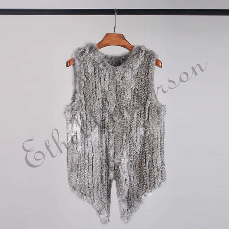 Womens Rabbit Fur Gilet Waistcoat Winter Knitted Rabbit Fur Vest Turn-down Collar Fashion Rabbit Fur Jacket Overcoat