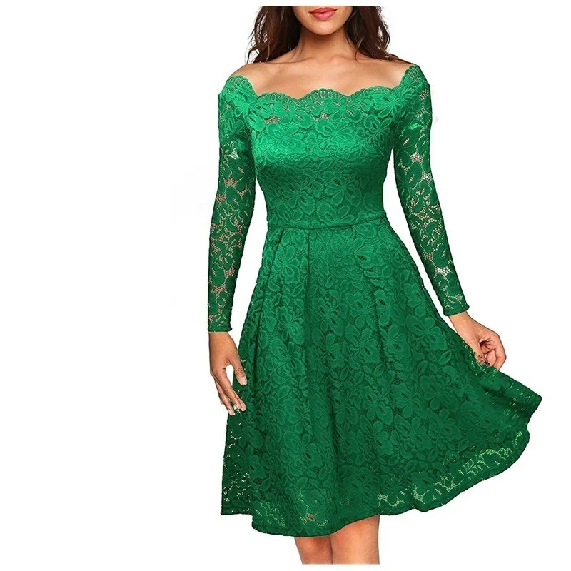 7 привлечь элегантный Кружево Платья для женщин осень партии Черный с длинным