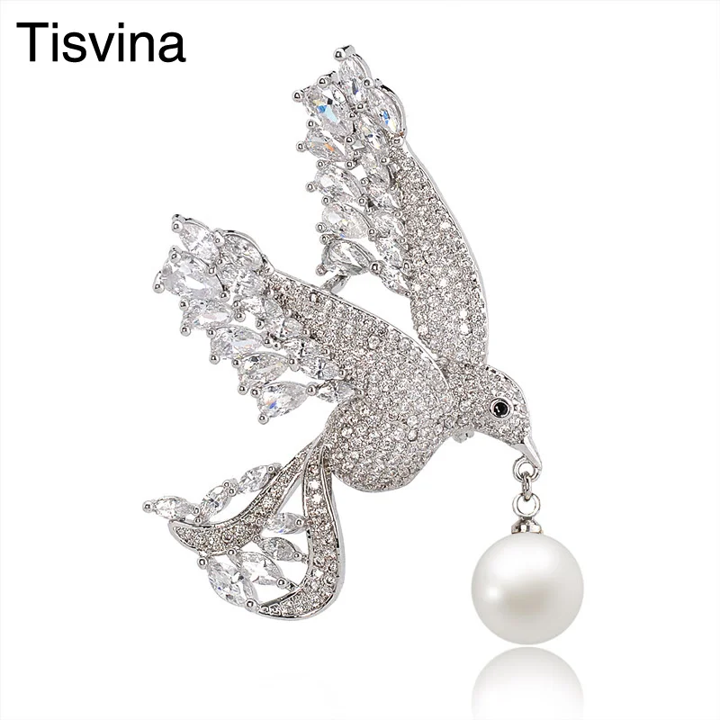 Женская Брошь Tisvina с жемчугом и кристаллами из циркона серебряного цвета брошь в
