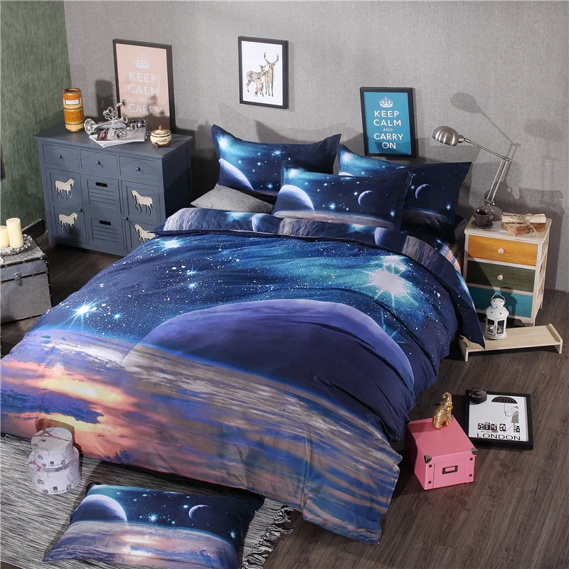 

Star Galaxy blue fashion bedding sets twin full queen size Universe Outer Space 4pc duvet cover set with bedsheet pillowcases 25