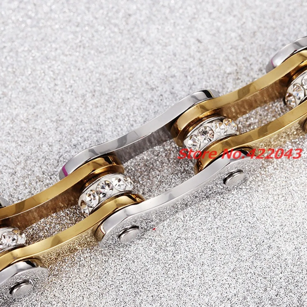 

9"*10mm Fashion Crystal Jewelry 316L Stainless Steel Silver Gold color Men Women Biker Bicycle Motorcycle Chain Bracelet Bangle