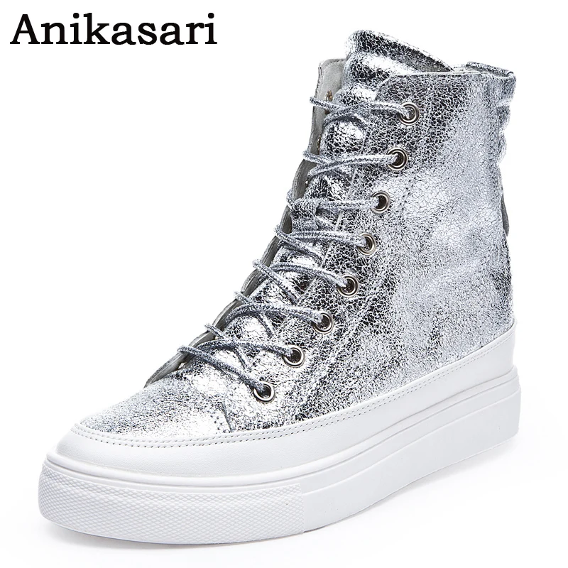 Женские кожаные туфли на танкетке Повседневные высокие ботинки платформе обувь