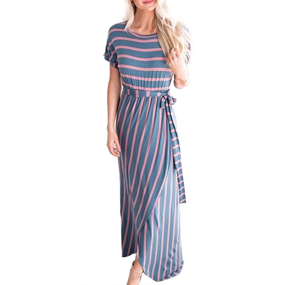Новое Женское Полосатое платье с короткими рукавами круглым вырезом и высокой