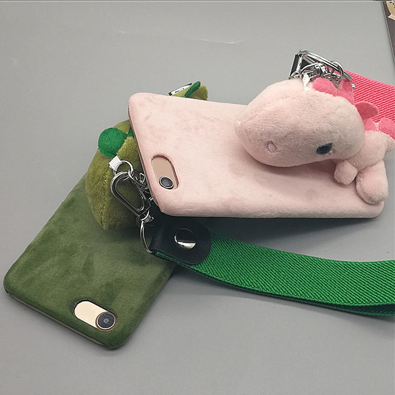 Мультяшная кукла игрушка динозавр чехол для телефона, 3d милый плюшевый ремешок Kawaii мягкий теплый чехол с кронштейном подставка для телефона 7 8 чехол оболочка