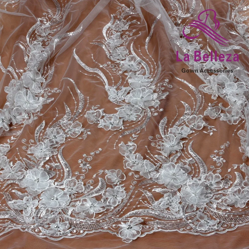 La Belleza 1 ярд новая кружевная ткань ручной работы с 3D цветком из белой органзы с цветами и кристаллами для свадебного платья кружевная ткань