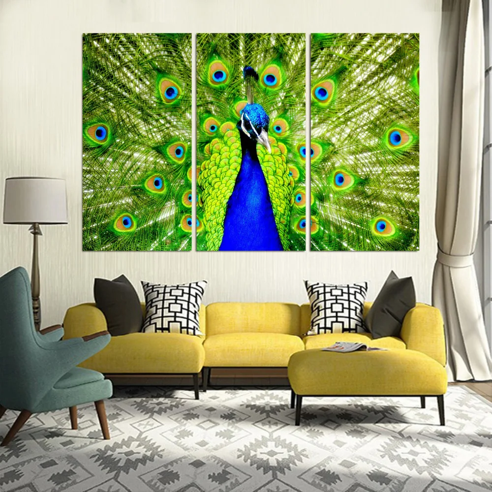 3 Панели печатная картина павлин холст Настенная украшение для дома гостиная