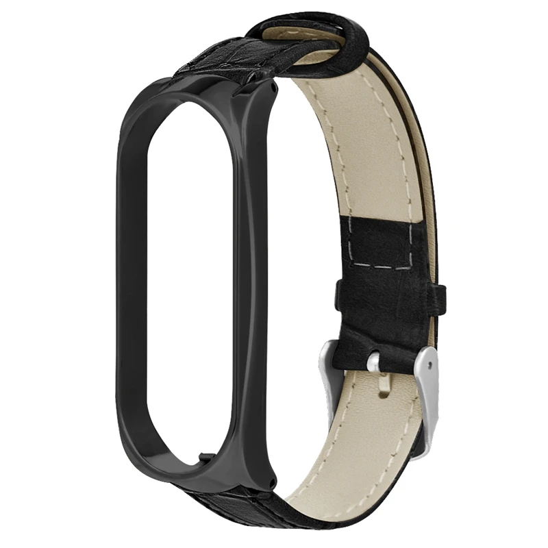 HANGRUI mi band 3 Кожаный ремешок Смарт-часы для Xiaomi mi band 3 умный Браслет для женщин и мужчин с металлической пряжкой бамбук черный коричневый - Цвет: black black case