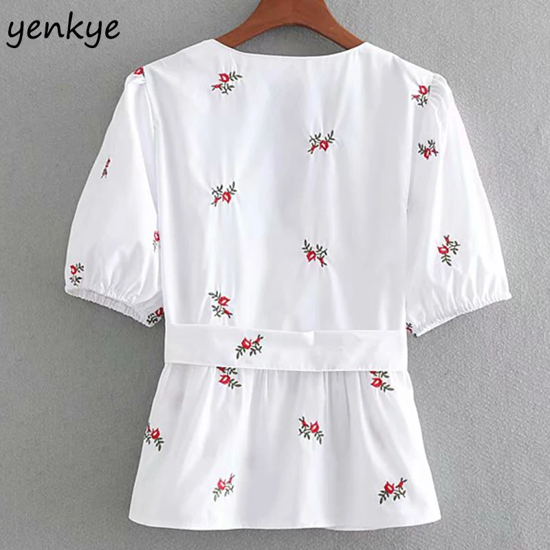 2019 Милая Цветочная вышивка для женщин блузка элегантный лук ремень V образным